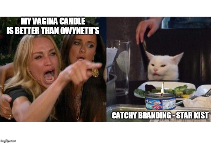 BE the Candle | MY VAGINA CANDLE IS BETTER THAN GWYNETH'S; CATCHY BRANDING - STAR KIST | image tagged in gwyneth paltrow,smudge the cat,lady yelling at cat,hollywood liberals | made w/ Imgflip meme maker