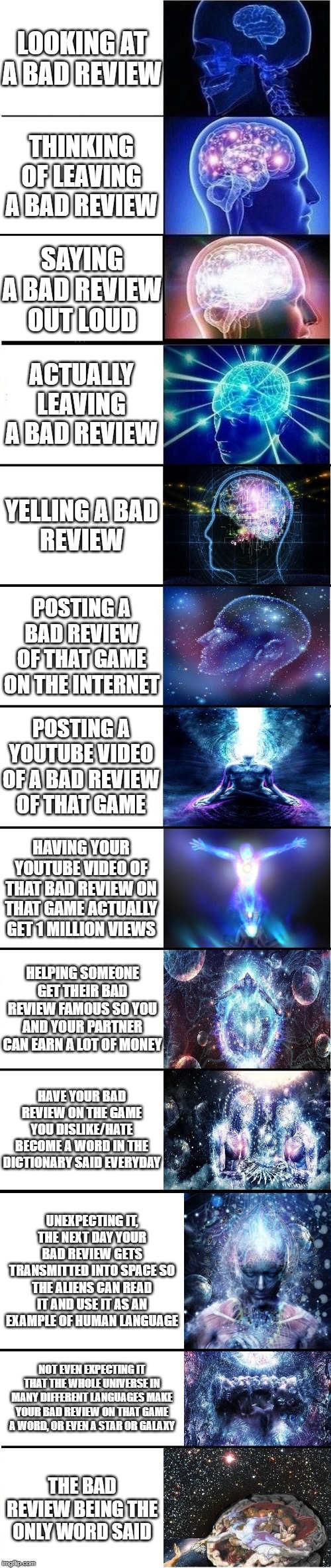 expanding brain | LOOKING AT A BAD REVIEW; THINKING OF LEAVING A BAD REVIEW; SAYING A BAD REVIEW OUT LOUD; ACTUALLY LEAVING A BAD REVIEW; YELLING A BAD
REVIEW; POSTING A BAD REVIEW OF THAT GAME ON THE INTERNET; POSTING A YOUTUBE VIDEO OF A BAD REVIEW OF THAT GAME; HAVING YOUR YOUTUBE VIDEO OF THAT BAD REVIEW ON THAT GAME ACTUALLY GET 1 MILLION VIEWS; HELPING SOMEONE GET THEIR BAD REVIEW FAMOUS SO YOU AND YOUR PARTNER CAN EARN A LOT OF MONEY; HAVE YOUR BAD REVIEW ON THE GAME YOU DISLIKE/HATE BECOME A WORD IN THE DICTIONARY SAID EVERYDAY; UNEXPECTING IT, THE NEXT DAY YOUR BAD REVIEW GETS TRANSMITTED INTO SPACE SO THE ALIENS CAN READ IT AND USE IT AS AN EXAMPLE OF HUMAN LANGUAGE; NOT EVEN EXPECTING IT THAT THE WHOLE UNIVERSE IN MANY DIFFERENT LANGUAGES MAKE YOUR BAD REVIEW ON THAT GAME A WORD, OR EVEN A STAR OR GALAXY; THE BAD REVIEW BEING THE ONLY WORD SAID | image tagged in expanding brain | made w/ Imgflip meme maker