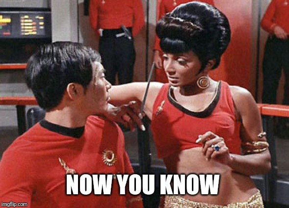 Star Trek Alternate Uhura | NOW YOU KNOW | image tagged in star trek alternate uhura | made w/ Imgflip meme maker