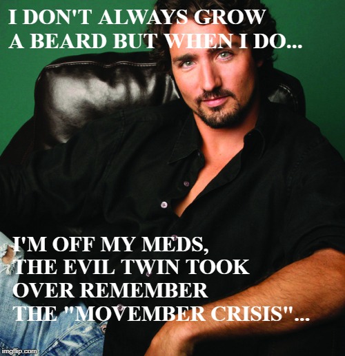 I Don't Always Grow a Beard | I DON'T ALWAYS GROW A BEARD BUT WHEN I DO... I'M OFF MY MEDS, THE EVIL TWIN TOOK OVER REMEMBER THE "MOVEMBER CRISIS"... | image tagged in i don't always grow a beard | made w/ Imgflip meme maker