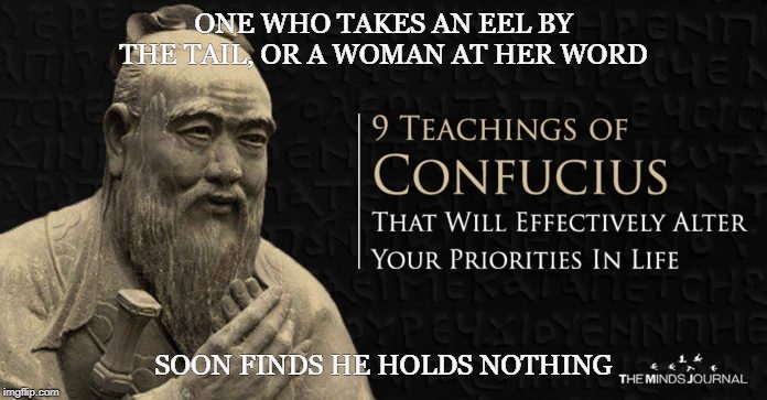 Confucius eel quote | ONE WHO TAKES AN EEL BY THE TAIL, OR A WOMAN AT HER WORD; SOON FINDS HE HOLDS NOTHING | image tagged in confucius says | made w/ Imgflip meme maker