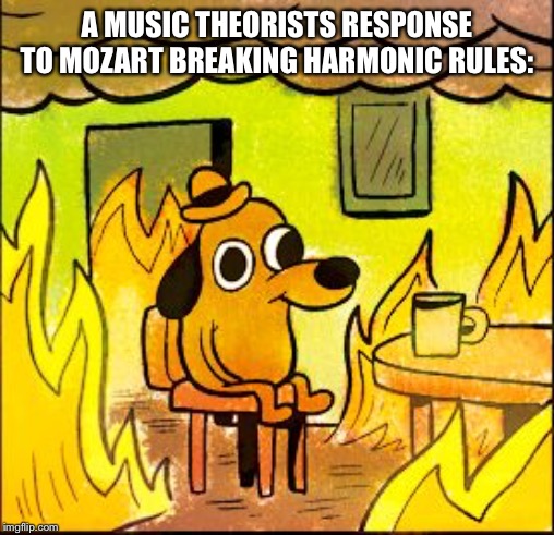 This is fine | A MUSIC THEORISTS RESPONSE TO MOZART BREAKING HARMONIC RULES: | image tagged in this is fine | made w/ Imgflip meme maker