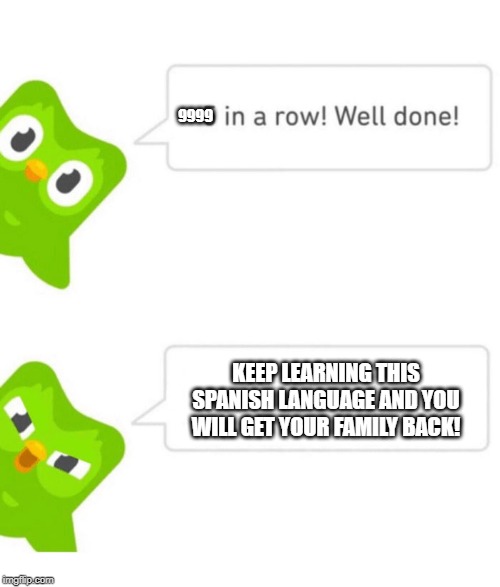 Duolingo 5 in a row | 9999; KEEP LEARNING THIS SPANISH LANGUAGE AND YOU WILL GET YOUR FAMILY BACK! | image tagged in duolingo 5 in a row | made w/ Imgflip meme maker
