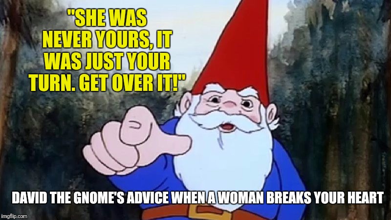 More sound advice from life coach David the Gnome | "SHE WAS NEVER YOURS, IT WAS JUST YOUR TURN. GET OVER IT!"; DAVID THE GNOME'S ADVICE WHEN A WOMAN BREAKS YOUR HEART | image tagged in david the gnome,memes | made w/ Imgflip meme maker