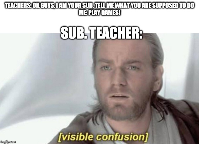 visible confusion | TEACHERS: OK GUYS, I AM YOUR SUB, TELL ME WHAT YOU ARE SUPPOSED TO DO
ME: PLAY GAMES! SUB. TEACHER: | image tagged in visible confusion | made w/ Imgflip meme maker