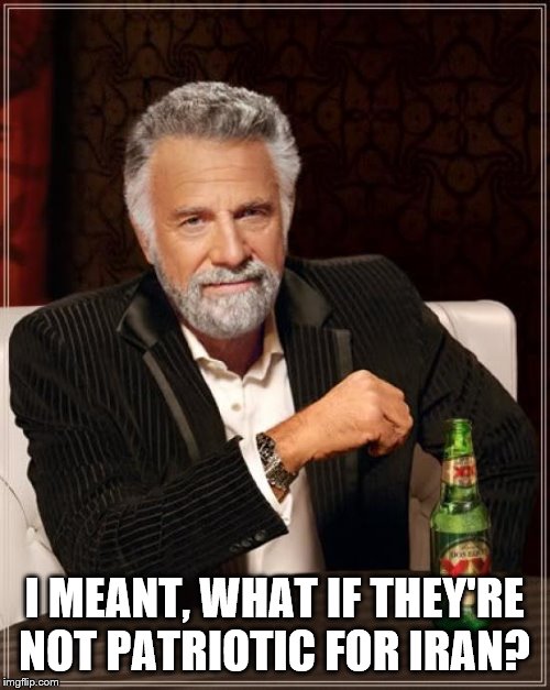 The Most Interesting Man In The World Meme | I MEANT, WHAT IF THEY'RE NOT PATRIOTIC FOR IRAN? | image tagged in memes,the most interesting man in the world | made w/ Imgflip meme maker