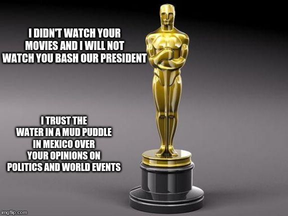 I will not watch the American hater awards show | I DIDN'T WATCH YOUR MOVIES AND I WILL NOT WATCH YOU BASH OUR PRESIDENT; I TRUST THE WATER IN A MUD PUDDLE IN MEXICO OVER YOUR OPINIONS ON POLITICS AND WORLD EVENTS | image tagged in oscar,ameican haters award show,see no one cares,i could careless about your opinions,maga,trump 2020 | made w/ Imgflip meme maker
