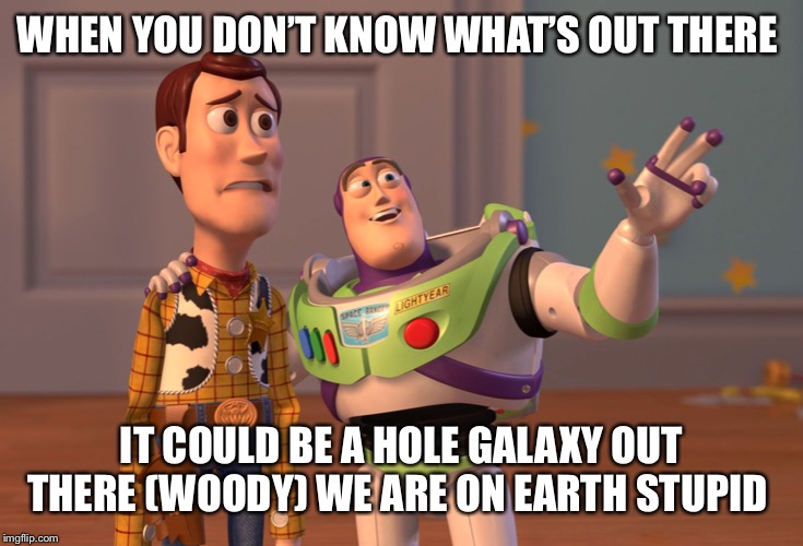X, X Everywhere Meme | WHEN YOU DON’T KNOW WHAT’S OUT THERE; IT COULD BE A HOLE GALAXY OUT THERE (WOODY) WE ARE ON EARTH STUPID | image tagged in memes,x x everywhere | made w/ Imgflip meme maker