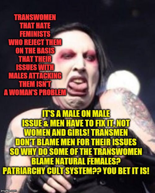 Marilyn Manson  | TRANSWOMEN THAT HATE FEMINISTS WHO REJECT THEM ON THE BASIS THAT THEIR ISSUES WITH MALES ATTACKING THEM ISN'T A WOMAN'S PROBLEM; IT'S A MALE ON MALE ISSUE & MEN HAVE TO FIX IT, NOT WOMEN AND GIRLS! TRANSMEN DON'T BLAME MEN FOR THEIR ISSUES SO WHY DO SOME OF THE TRANSWOMEN BLAME NATURAL FEMALES? PATRIARCHY CULT SYSTEM?? YOU BET IT IS! | image tagged in marilyn manson | made w/ Imgflip meme maker