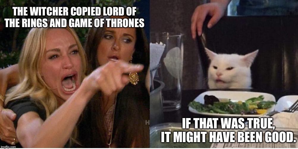 CopyCat Witcher | THE WITCHER COPIED LORD OF THE RINGS AND GAME OF THRONES; IF THAT WAS TRUE, IT MIGHT HAVE BEEN GOOD. | image tagged in salad cat,woman yelling at cat,witcher,lord of the rings,game of thrones | made w/ Imgflip meme maker