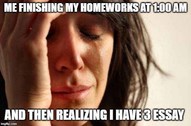 First World Problems Meme | ME FINISHING MY HOMEWORKS AT 1:00 AM; AND THEN REALIZING I HAVE 3 ESSAY | image tagged in memes,first world problems | made w/ Imgflip meme maker