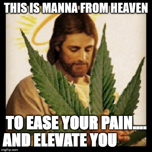 Weed Jesus |  THIS IS MANNA FROM HEAVEN; TO EASE YOUR PAIN.... AND ELEVATE YOU | image tagged in weed jesus | made w/ Imgflip meme maker