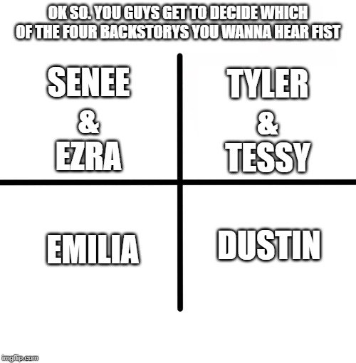 all of them will be done. I just need to know whick one first. tell me in the comments | OK SO. YOU GUYS GET TO DECIDE WHICH OF THE FOUR BACKSTORYS YOU WANNA HEAR FIST; TYLER
&
TESSY; SENEE
&
EZRA; DUSTIN; EMILIA | image tagged in memes,blank starter pack | made w/ Imgflip meme maker