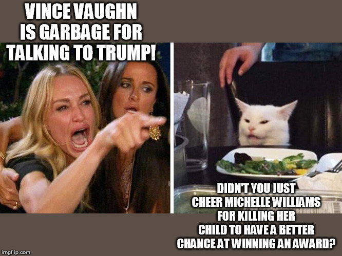 Perspective | VINCE VAUGHN IS GARBAGE FOR TALKING TO TRUMP! DIDN'T YOU JUST CHEER MICHELLE WILLIAMS FOR KILLING HER CHILD TO HAVE A BETTER CHANCE AT WINNING AN AWARD? | image tagged in smudge the cat,donald trump,abortion,golden globes | made w/ Imgflip meme maker