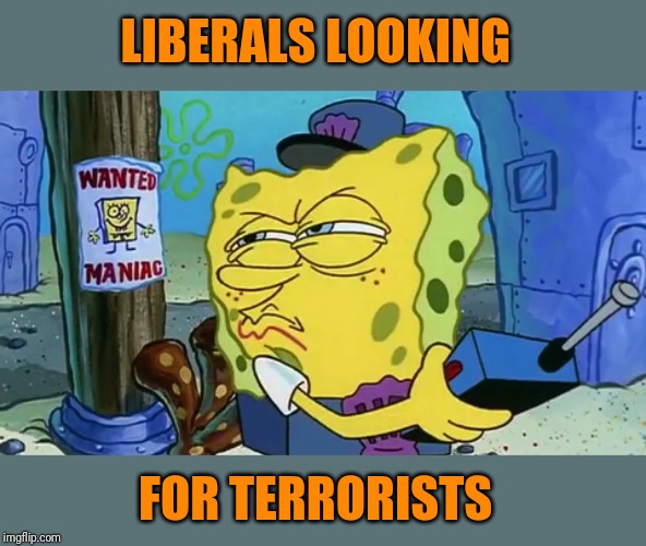 Spongebob wanted maniac | LIBERALS LOOKING; FOR TERRORISTS | image tagged in spongebob wanted maniac | made w/ Imgflip meme maker