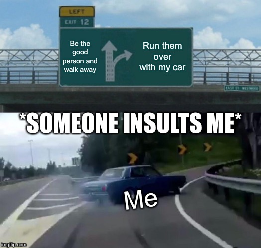 Left Exit 12 Off Ramp | Be the good person and walk away; Run them over with my car; *SOMEONE INSULTS ME*; Me | image tagged in memes,left exit 12 off ramp | made w/ Imgflip meme maker