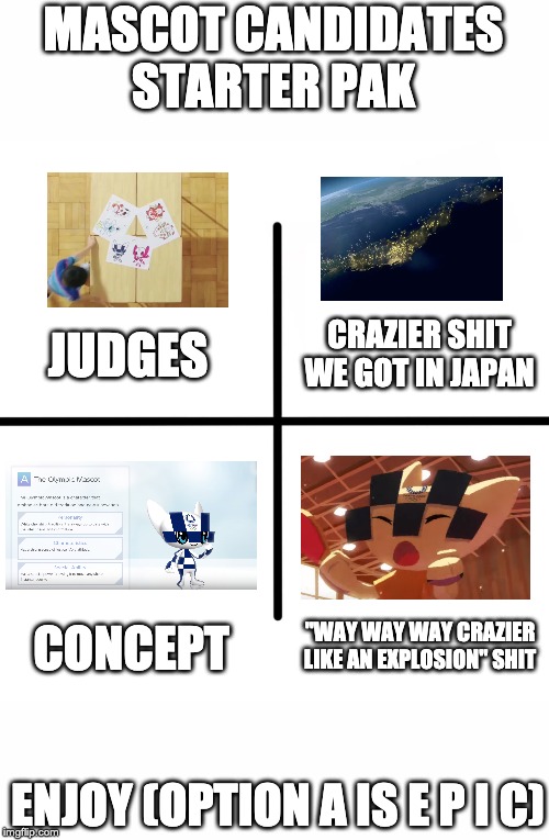 Blank Starter Pack Meme | MASCOT CANDIDATES STARTER PAK; CRAZIER SHIT WE GOT IN JAPAN; JUDGES; "WAY WAY WAY CRAZIER LIKE AN EXPLOSION" SHIT; CONCEPT; ENJOY (OPTION A IS E P I C) | image tagged in memes,blank starter pack | made w/ Imgflip meme maker