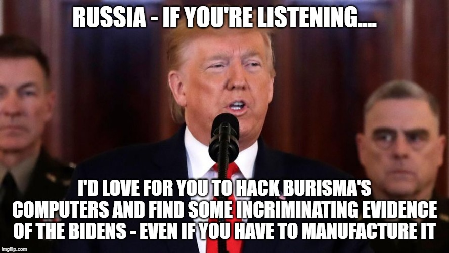 RUSSIA - IF YOU'RE LISTENING.... I'D LOVE FOR YOU TO HACK BURISMA'S COMPUTERS AND FIND SOME INCRIMINATING EVIDENCE OF THE BIDENS - EVEN IF YOU HAVE TO MANUFACTURE IT | image tagged in donald trump | made w/ Imgflip meme maker
