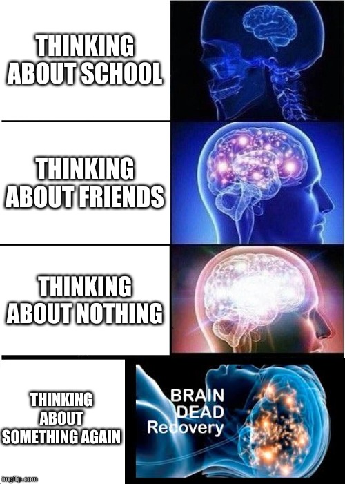 Expanding Brain | THINKING ABOUT SCHOOL; THINKING ABOUT FRIENDS; THINKING ABOUT NOTHING; THINKING ABOUT SOMETHING AGAIN | image tagged in memes,expanding brain | made w/ Imgflip meme maker