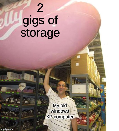 BIG  JELLY BELLY   BEANER BEAN | 2 gigs of storage; My old windows XP computer | image tagged in big jelly belly  beaner bean | made w/ Imgflip meme maker