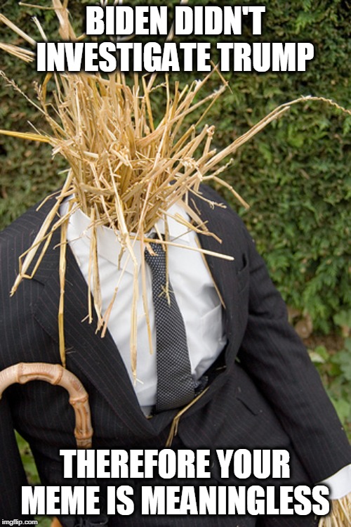 Straw Man | BIDEN DIDN'T INVESTIGATE TRUMP THEREFORE YOUR MEME IS MEANINGLESS | image tagged in straw man | made w/ Imgflip meme maker