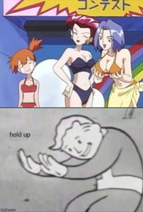 EXCUSE ME, WHAT THE F**K?!  WHEN DID JAMES GET THOSE BOBBERS????  They're Bigger Than Jessie's! | image tagged in fallout hold up,pokemon,anime,memes,beach episode,boobs | made w/ Imgflip meme maker