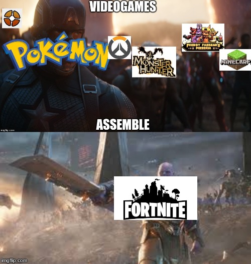 videogames assemble | image tagged in avengers,pokemon,tf2,minecraft,fnaf | made w/ Imgflip meme maker