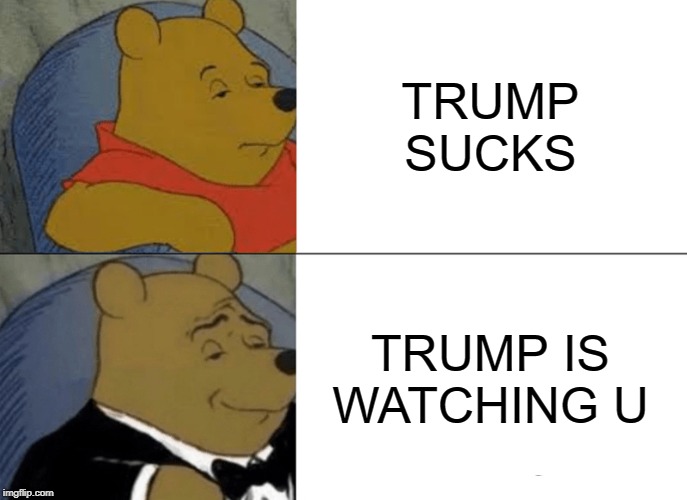 Tuxedo Winnie The Pooh Meme | TRUMP SUCKS; TRUMP IS WATCHING U | image tagged in memes,tuxedo winnie the pooh | made w/ Imgflip meme maker