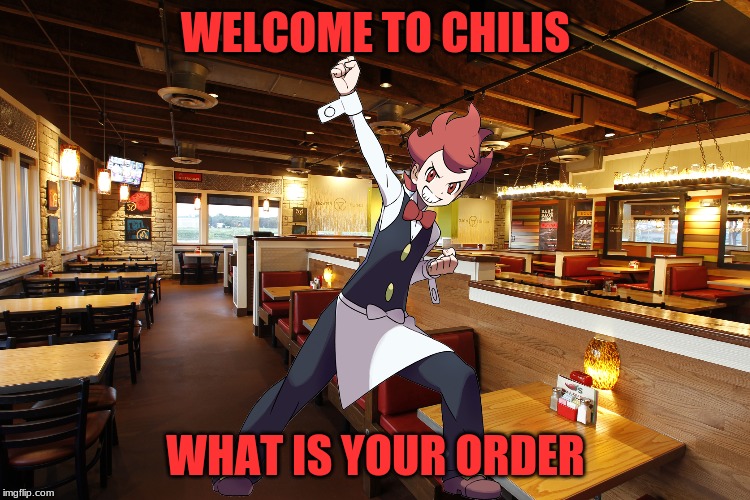 welcome to Chilis | WELCOME TO CHILIS; WHAT IS YOUR ORDER | image tagged in pokemon | made w/ Imgflip meme maker