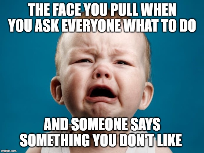 ask what to do | THE FACE YOU PULL WHEN YOU ASK EVERYONE WHAT TO DO; AND SOMEONE SAYS SOMETHING YOU DON'T LIKE | image tagged in cry baby,questions | made w/ Imgflip meme maker