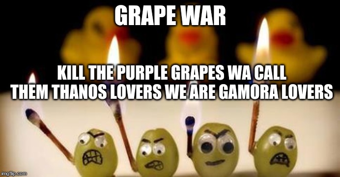 angry grapes | GRAPE WAR; KILL THE PURPLE GRAPES WA CALL THEM THANOS LOVERS WE ARE GAMORA LOVERS | image tagged in angry grapes | made w/ Imgflip meme maker