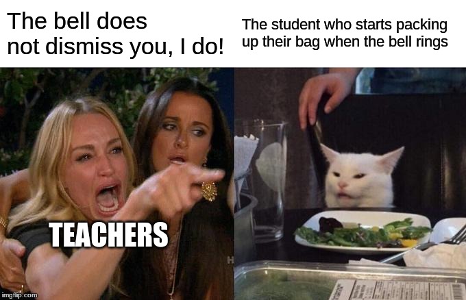 Everyone has this teacher at some point | The bell does not dismiss you, I do! The student who starts packing up their bag when the bell rings; TEACHERS | image tagged in memes,woman yelling at cat,school | made w/ Imgflip meme maker