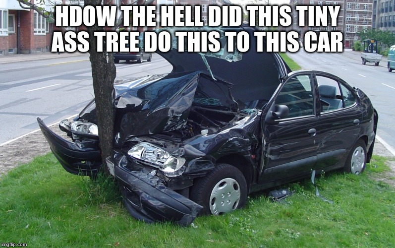 Car Crash | HDOW THE HELL DID THIS TINY ASS TREE DO THIS TO THIS CAR | image tagged in car crash | made w/ Imgflip meme maker