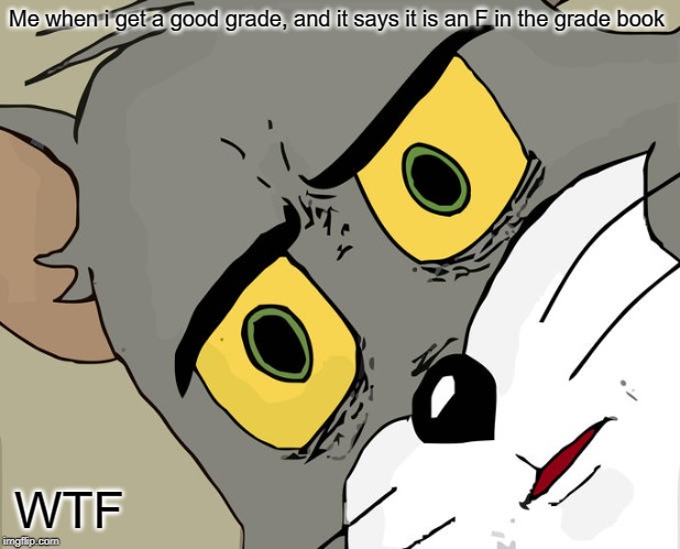 Unsettled Tom Meme | Me when i get a good grade, and it says it is an F in the grade book; WTF | image tagged in memes,unsettled tom | made w/ Imgflip meme maker