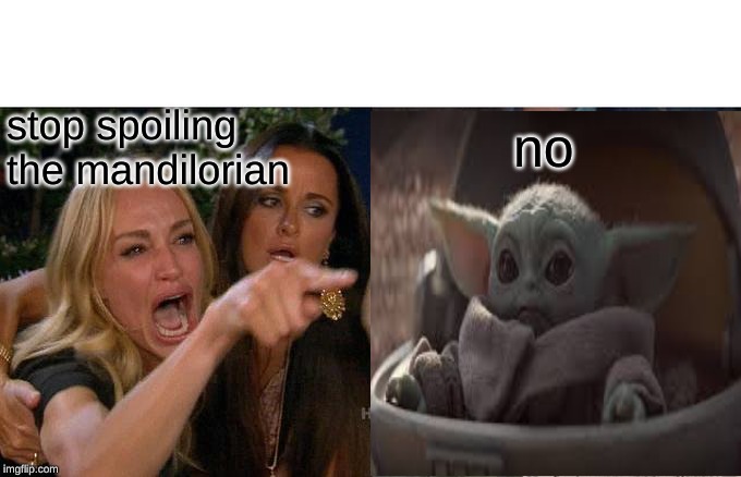 Woman Yelling At Cat Meme | no; stop spoiling the mandilorian | image tagged in memes,woman yelling at cat | made w/ Imgflip meme maker