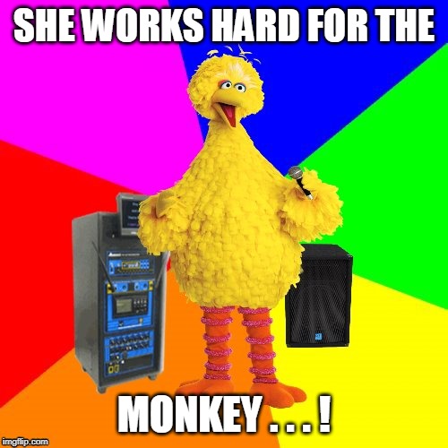 Ba dum, da Dum! | SHE WORKS HARD FOR THE; MONKEY . . . ! | image tagged in wrong lyrics karaoke big bird,music,memes,donna summer,money,shut up and take my monkey | made w/ Imgflip meme maker