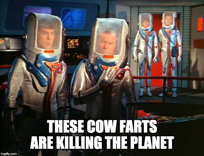 tholian web environmental suits | THESE COW FARTS ARE KILLING THE PLANET | image tagged in tholian web environmental suits | made w/ Imgflip meme maker