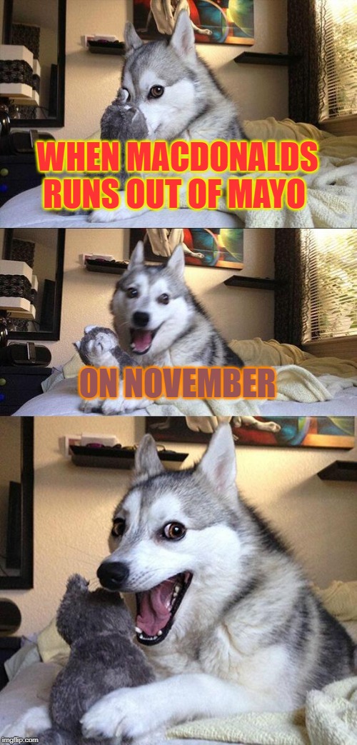 Bad Pun Dog Meme | WHEN MACDONALDS RUNS OUT OF MAYO; ON NOVEMBER | image tagged in memes,bad pun dog | made w/ Imgflip meme maker