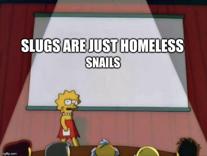 Lisa petition meme | SLUGS ARE JUST HOMELESS; SNAILS | image tagged in lisa petition meme | made w/ Imgflip meme maker