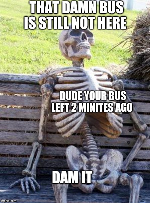 Waiting Skeleton Meme | THAT DAMN BUS IS STILL NOT HERE; DUDE YOUR BUS LEFT 2 MINITES AGO; DAM IT | image tagged in memes,waiting skeleton | made w/ Imgflip meme maker