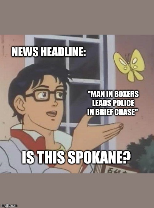 Is This A Pigeon Meme | NEWS HEADLINE:; "MAN IN BOXERS LEADS POLICE IN BRIEF CHASE"; IS THIS SPOKANE? | image tagged in memes,is this a pigeon | made w/ Imgflip meme maker