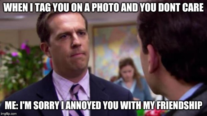 Sorry I annoyed you | WHEN I TAG YOU ON A PHOTO AND YOU DONT CARE; ME: I'M SORRY I ANNOYED YOU WITH MY FRIENDSHIP | image tagged in sorry i annoyed you | made w/ Imgflip meme maker