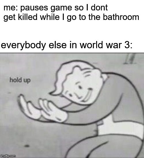 Fallout Hold Up | me: pauses game so I dont get killed while I go to the bathroom; everybody else in world war 3: | image tagged in fallout hold up | made w/ Imgflip meme maker