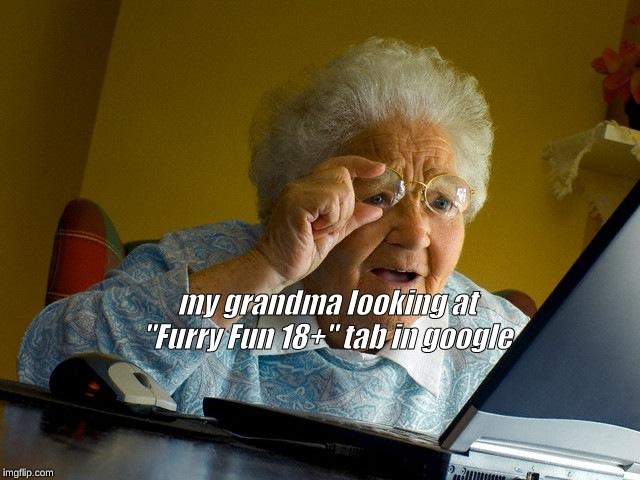 Grandma Finds The Internet | my grandma looking at "Furry Fun 18+" tab in google | image tagged in memes,grandma finds the internet | made w/ Imgflip meme maker