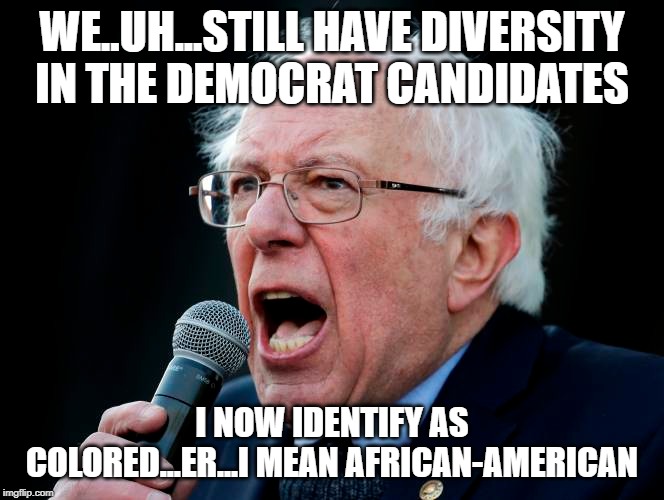 I can imagine him saying this... | WE..UH...STILL HAVE DIVERSITY IN THE DEMOCRAT CANDIDATES; I NOW IDENTIFY AS COLORED...ER...I MEAN AFRICAN-AMERICAN | image tagged in memes,politics,bernie is the worst,socialist scab | made w/ Imgflip meme maker