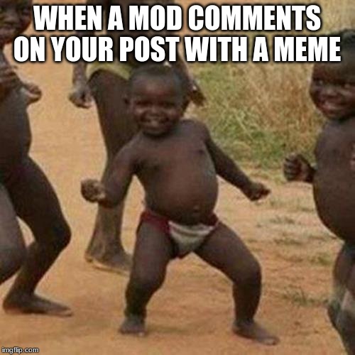 WHEN A MOD COMMENTS ON YOUR POST WITH A MEME | image tagged in memes,third world success kid | made w/ Imgflip meme maker