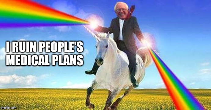 Bernie Sanders on magical unicorn | I RUIN PEOPLE'S MEDICAL PLANS | image tagged in bernie sanders on magical unicorn | made w/ Imgflip meme maker