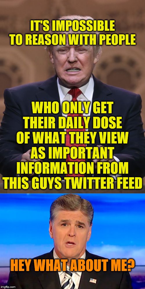 IT'S IMPOSSIBLE TO REASON WITH PEOPLE; WHO ONLY GET THEIR DAILY DOSE OF WHAT THEY VIEW AS IMPORTANT INFORMATION FROM THIS GUYS TWITTER FEED; HEY WHAT ABOUT ME? | image tagged in donald trump,sean hannity fox news | made w/ Imgflip meme maker