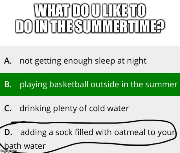 Summer | WHAT DO U LIKE TO DO IN THE SUMMERTIME? | image tagged in summer,summer vacation | made w/ Imgflip meme maker