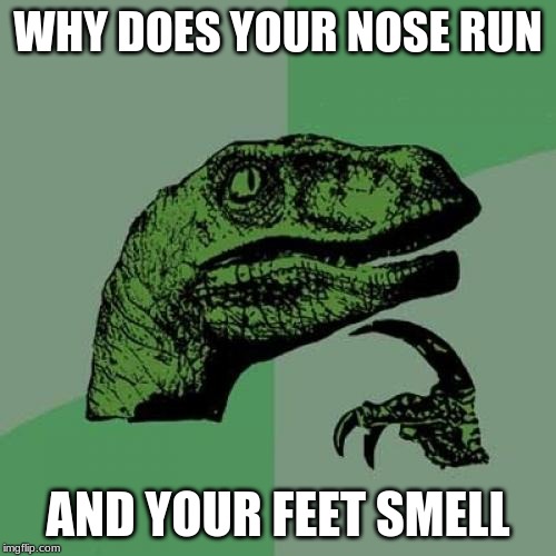 Philosoraptor | WHY DOES YOUR NOSE RUN; AND YOUR FEET SMELL | image tagged in memes,philosoraptor | made w/ Imgflip meme maker